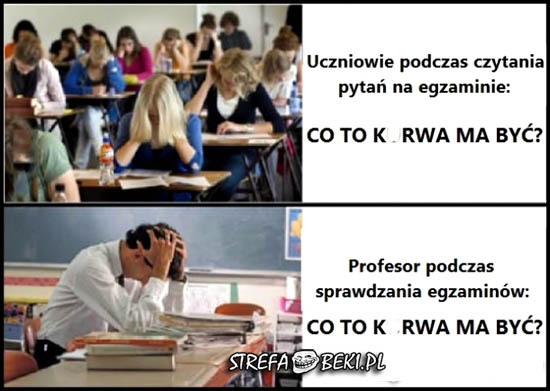 Uczniowie podczas egzaminu vs profesor podczas sprawdzania