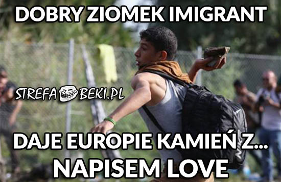 Dobry ziomek imigrant daje Europie kamień z napisem love