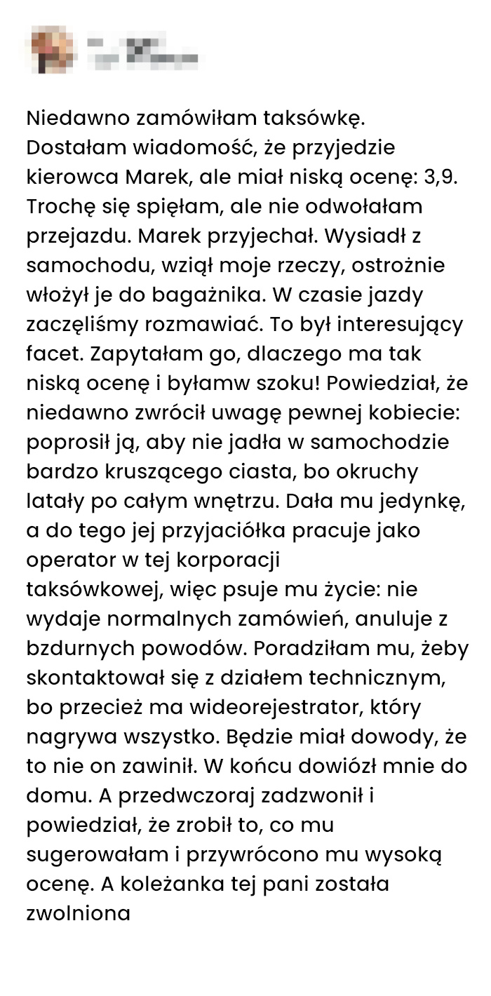 Przejażdżka Taksówką z kierowcą o słabej ocenie