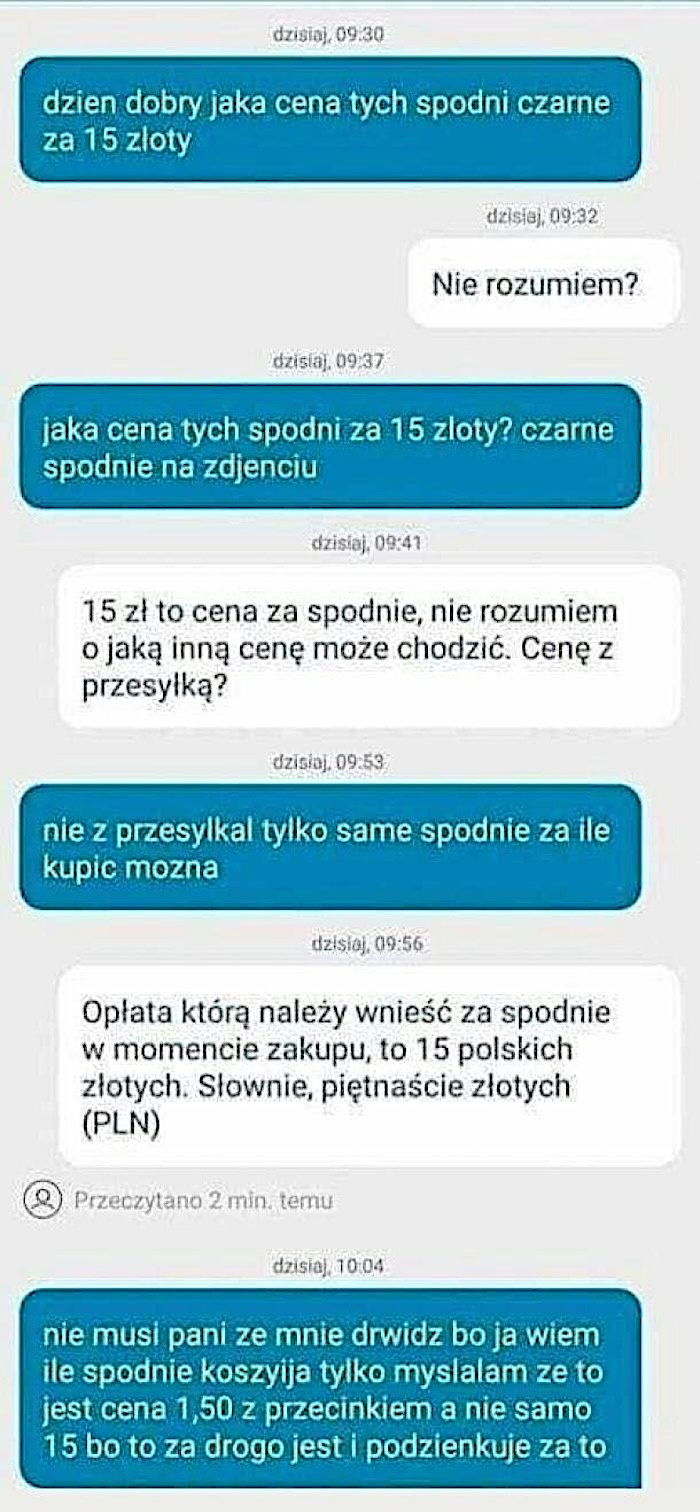 Sprzedaż spodni za 15 zł w tym przypadku była trudna