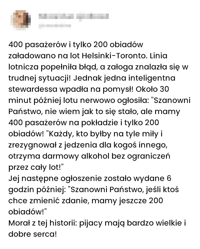 Sprytna stewardessa i 200 dodatkowych obiadów