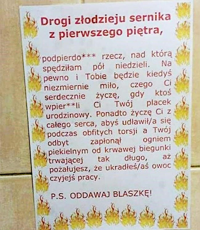 Apel do sernikowego złodzieja