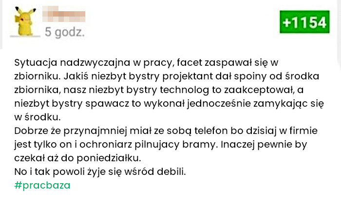 Zaspawał się w zbiorniku by utknąć na weekend