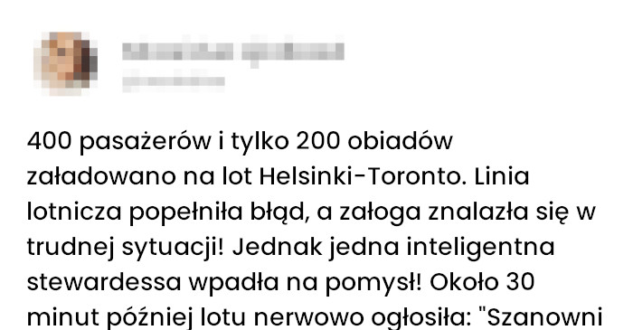 Sprytna stewardessa i 200 dodatkowych obiadów